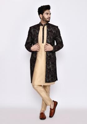 Beige Plain Raw Silk Indo Sherwani Set For Men
