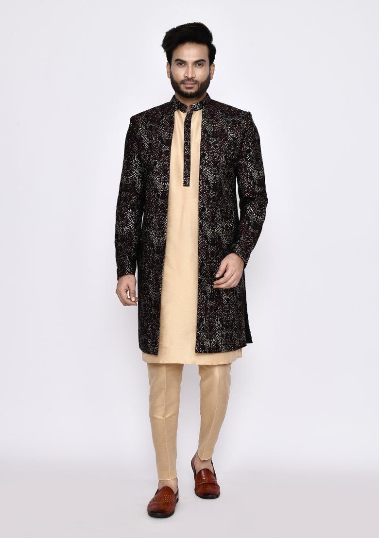 Beige Plain Raw Silk Indo Sherwani Set For Men
