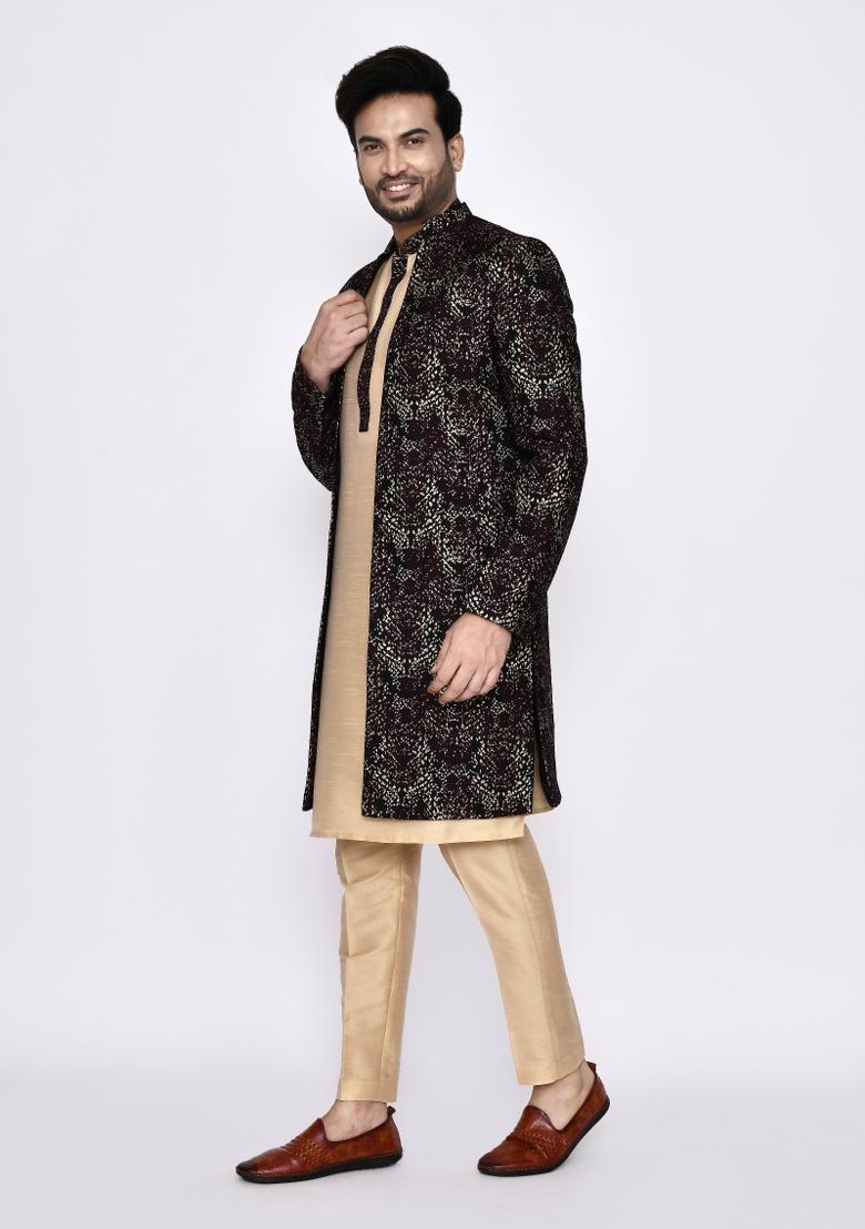 Beige Plain Raw Silk Indo Sherwani Set For Men