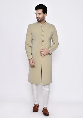 Cream Plain Poly Blend Indo Sherwani Set For Men