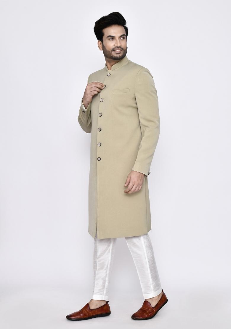Cream Plain Poly Blend Indo Sherwani Set For Men