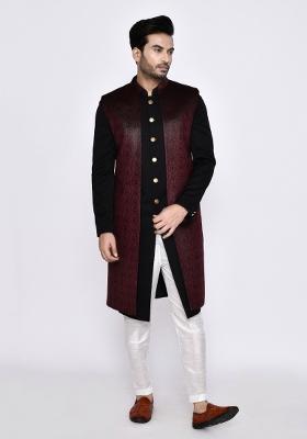 Black Plain Rayon Indo Sherwani Set For Men