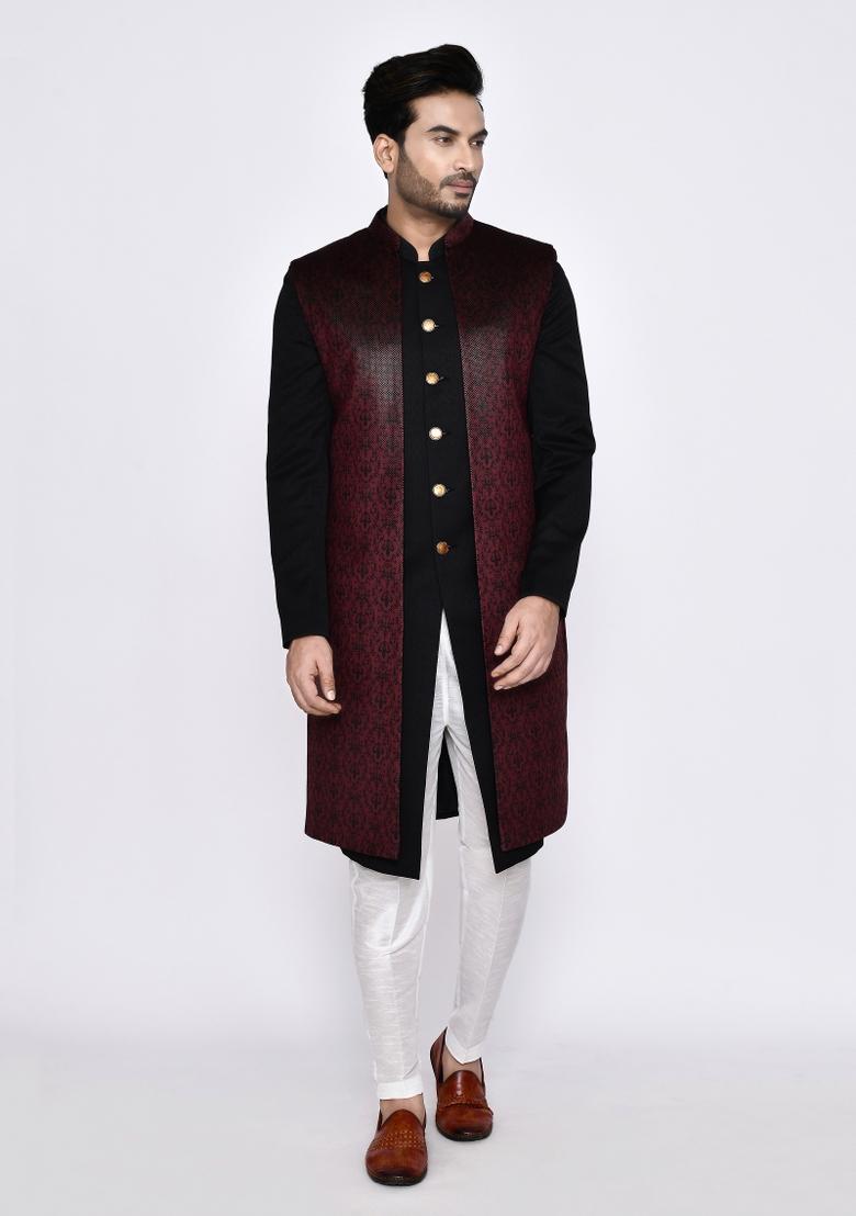 Black Plain Rayon Indo Sherwani Set For Men