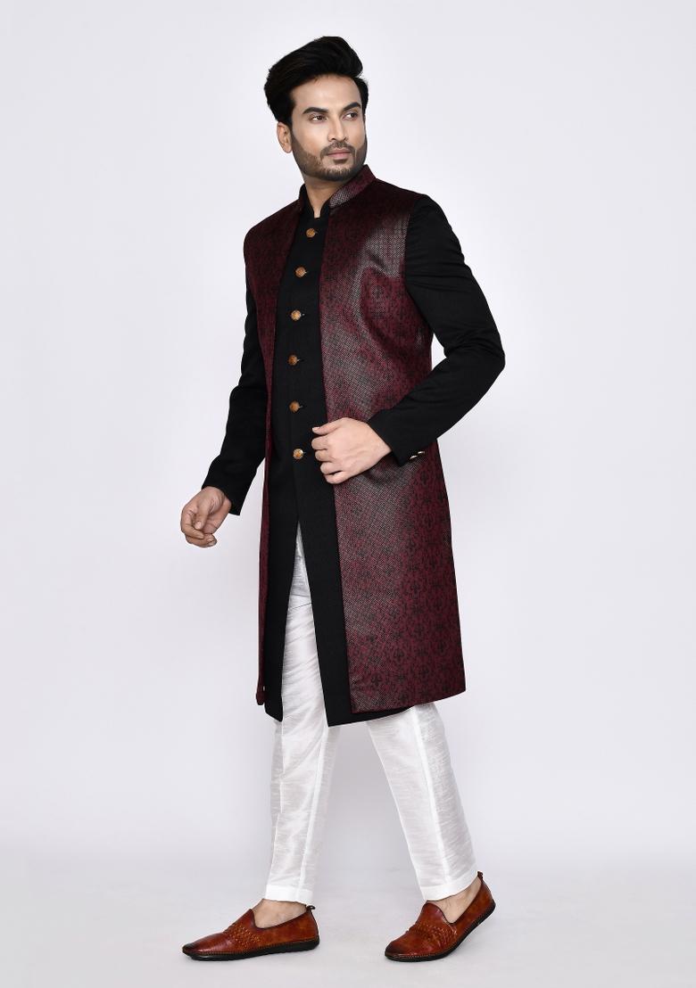 Black Plain Rayon Indo Sherwani Set For Men