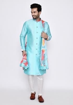 Sky Blue Plain Art Silk Kurta Set For Men