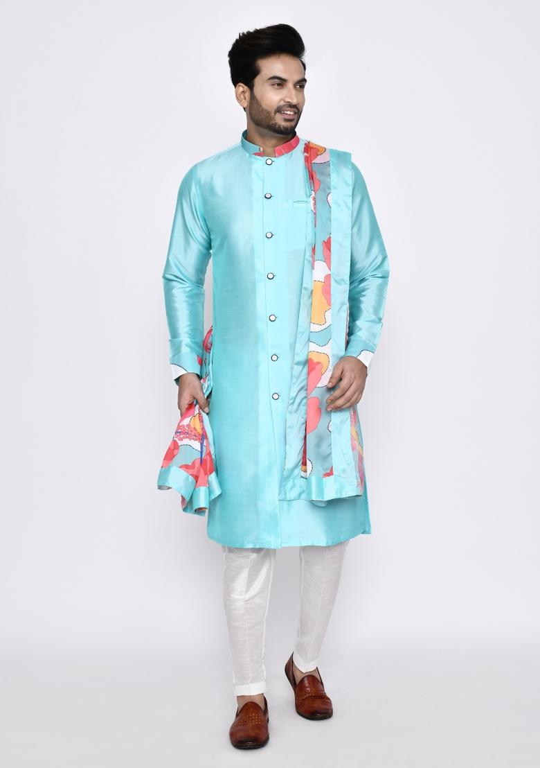 Sky Blue Plain Art Silk Kurta Set For Men