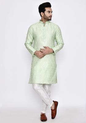 Pestal Green Plain Jacquard Silk Kurta Set For Men