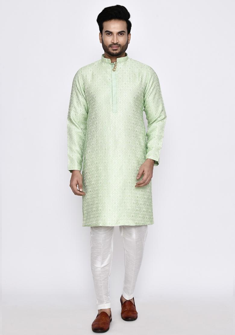 Pestal Green Plain Jacquard Silk Kurta Set For Men