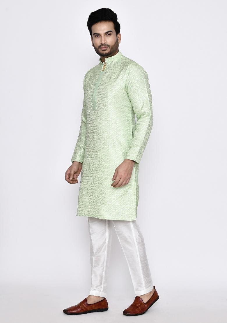 Pestal Green Plain Jacquard Silk Kurta Set For Men