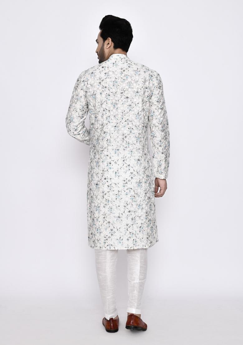White Thread Work Cotton Kurta Set For Men
