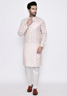 Pink Plain Jacquard Silk Kurta Set For Men