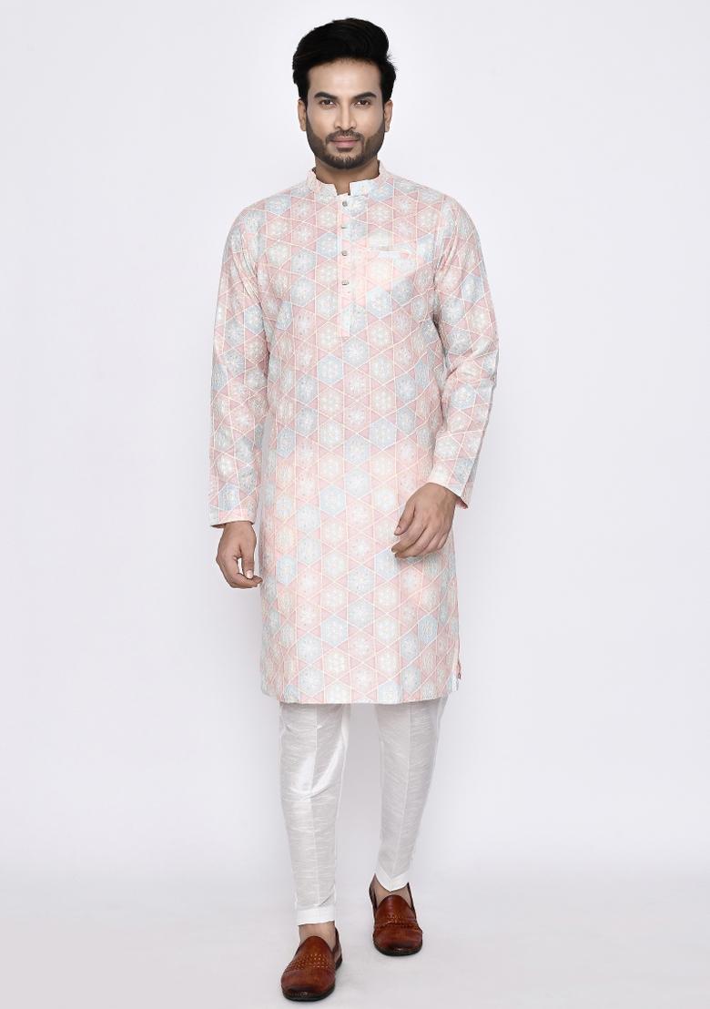 Pink Plain Jacquard Silk Kurta Set For Men