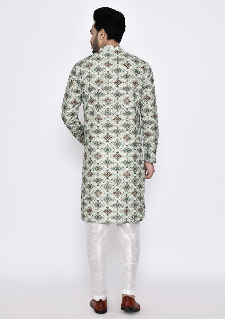 Green Embroidererd Cotton Kurta Set For Men