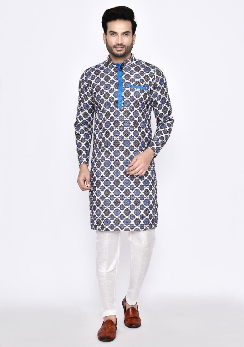 White Embroidererd Cotton Kurta Set For Men