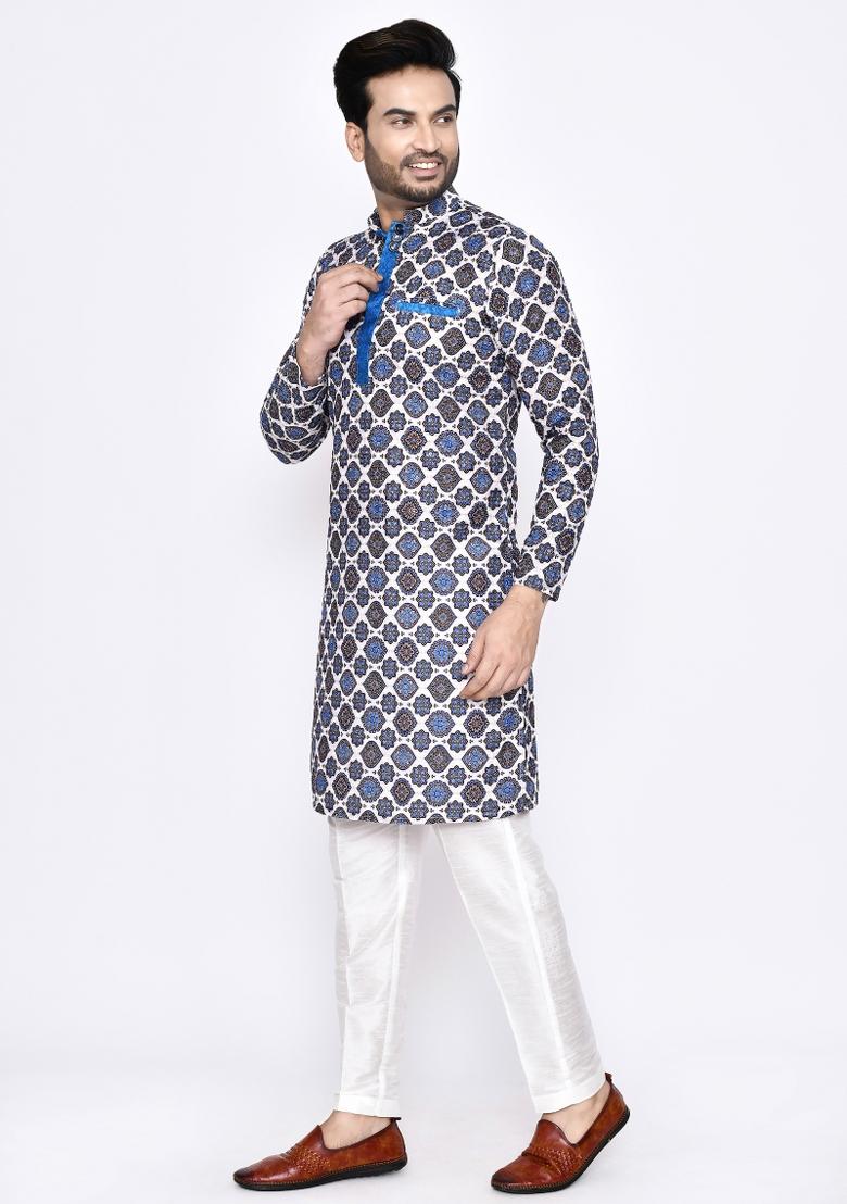 White Embroidererd Cotton Kurta Set For Men