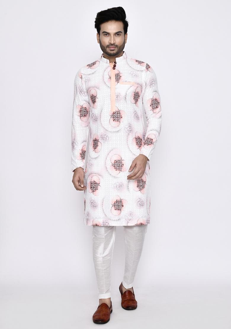 White Embroidererd Cotton Kurta Set For Men