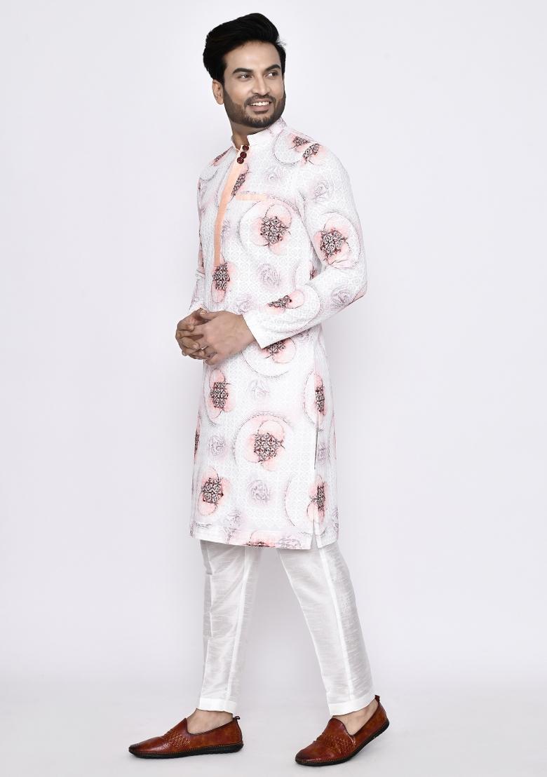 White Embroidererd Cotton Kurta Set For Men