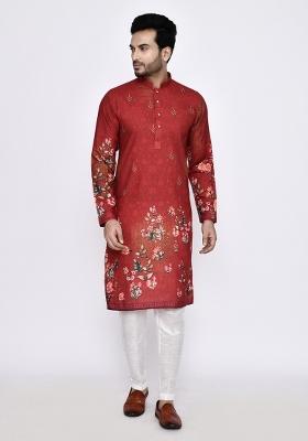 Red Printed Cotton Kurta Set For Men