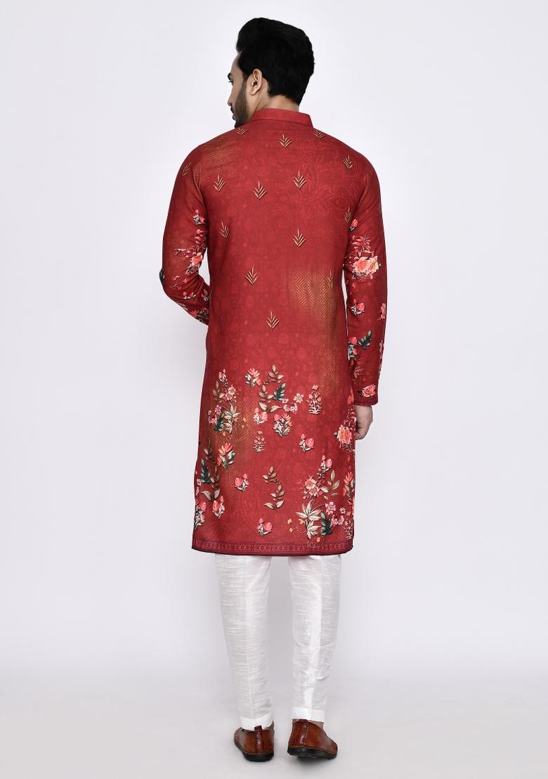 Red Printed Cotton Kurta Set For Men