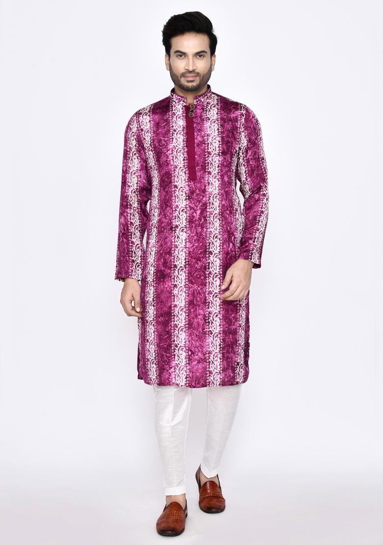 Purple Plain Silk Kurta Set For Men