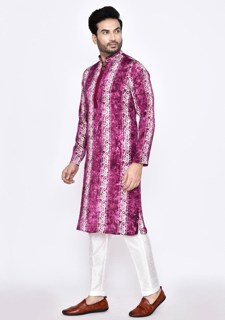 Purple Plain Silk Kurta Set For Men