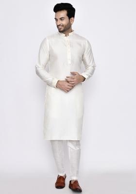 Cream Plain Dola Silk Kurta Set For Men