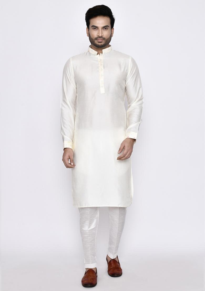 Cream Plain Dola Silk Kurta Set For Men