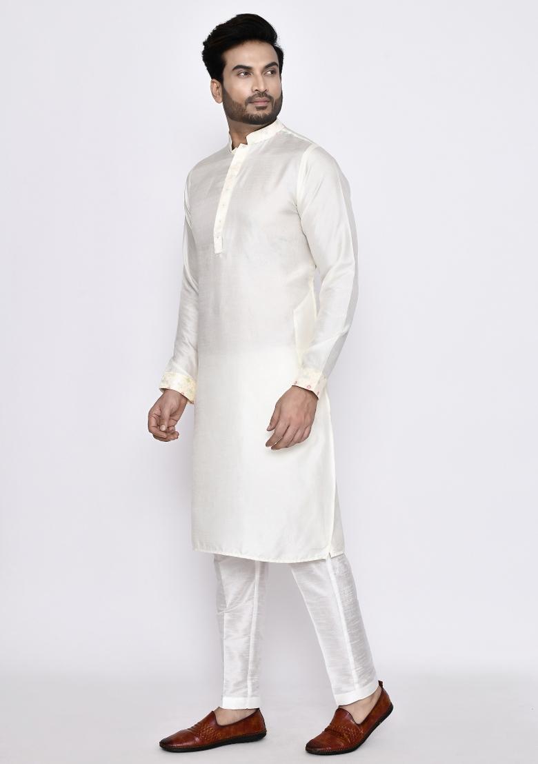 Cream Plain Dola Silk Kurta Set For Men