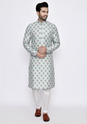 Light Green Plain Jacquard Silk Kurta Set For Men