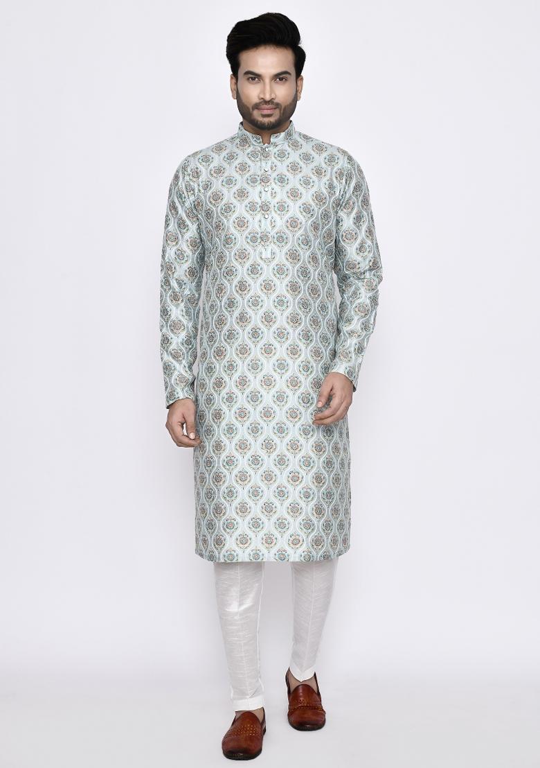 Light Green Plain Jacquard Silk Kurta Set For Men