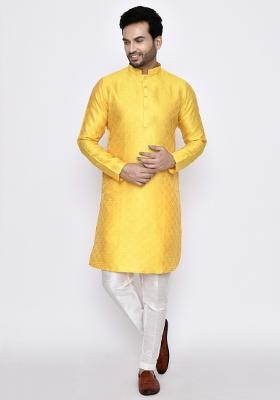 Yellow Plain Jacquard Silk Kurta Set For Men
