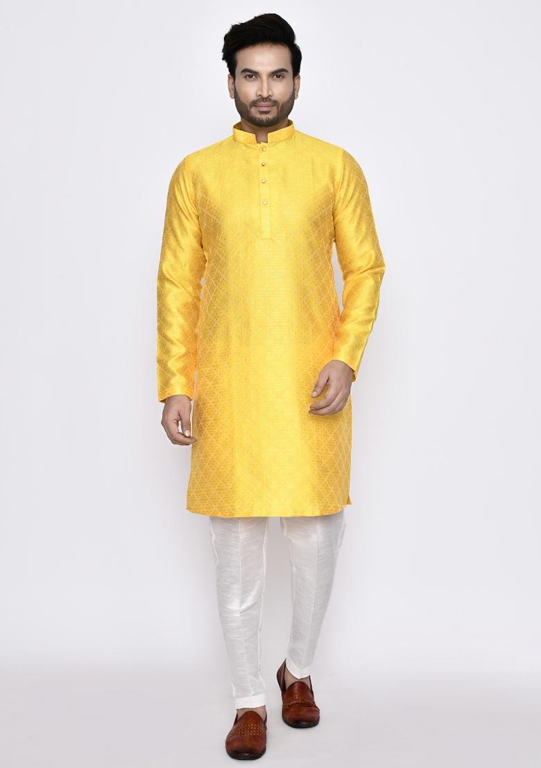 Yellow Plain Jacquard Silk Kurta Set For Men