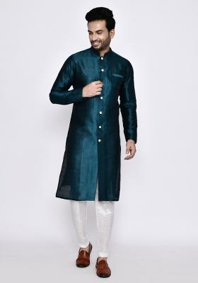 Teal Green Embroidererd Art Silk Kurta Set For Men