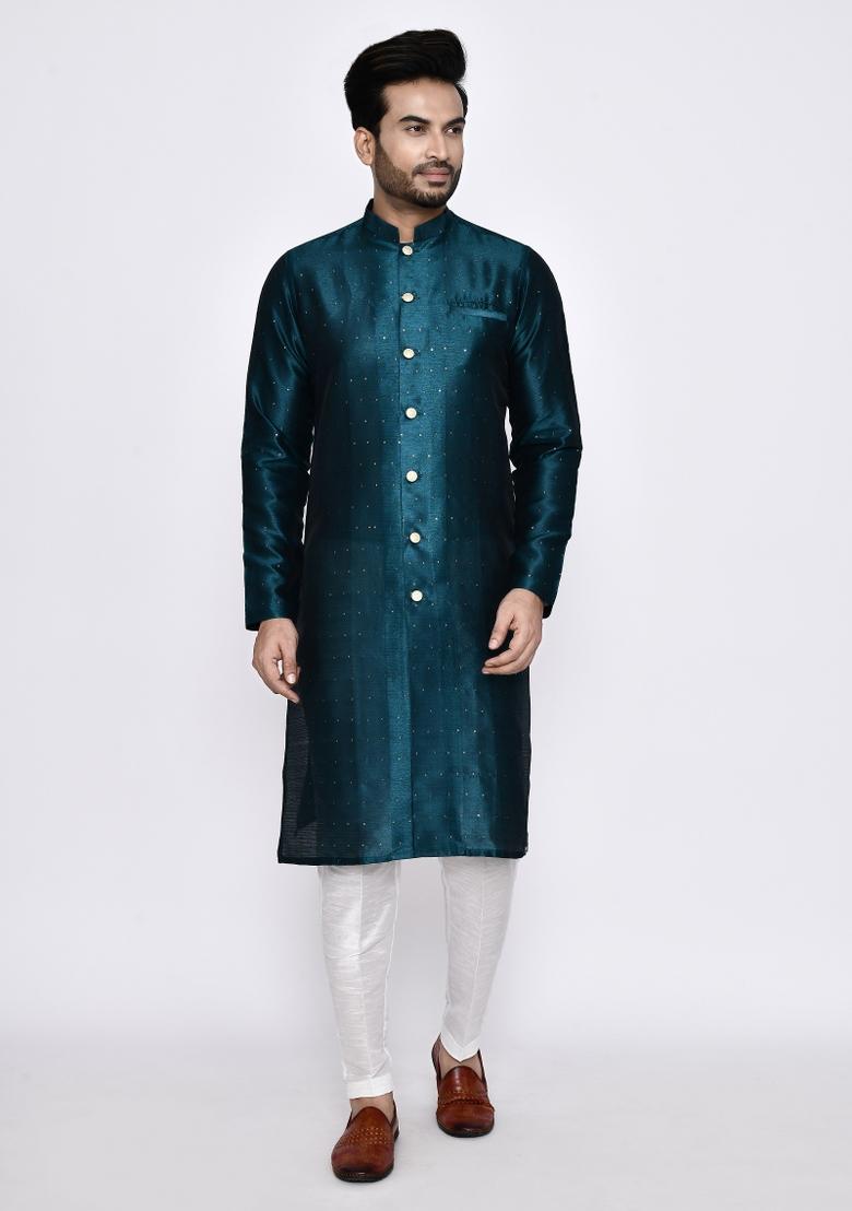 Teal Green Embroidererd Art Silk Kurta Set For Men