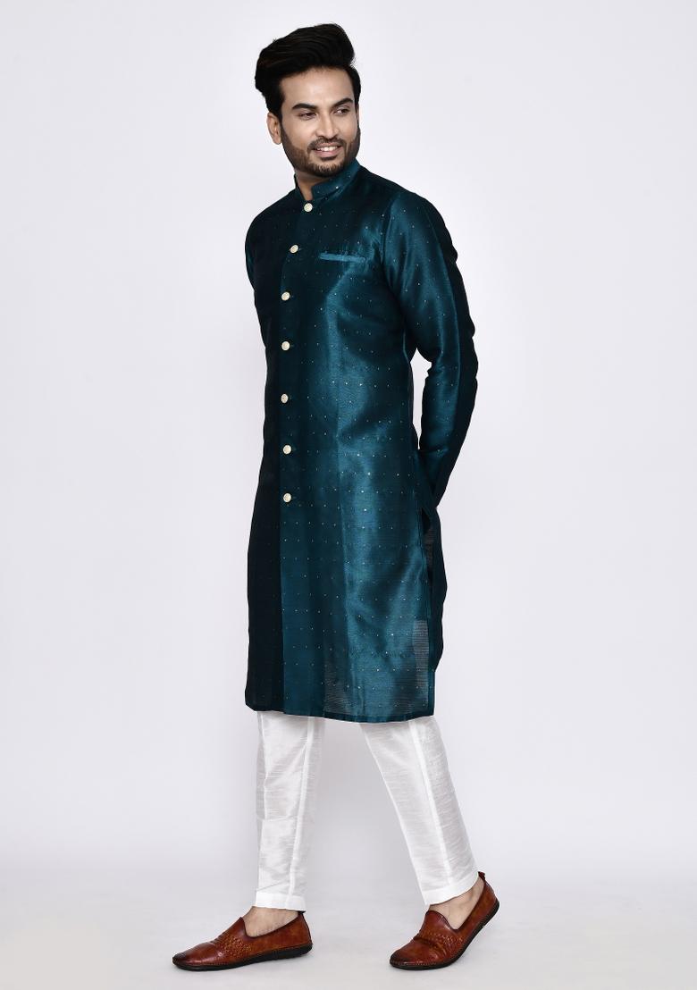 Teal Green Embroidererd Art Silk Kurta Set For Men