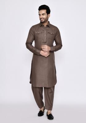 Grey Plain Linen Kurta Set For Men