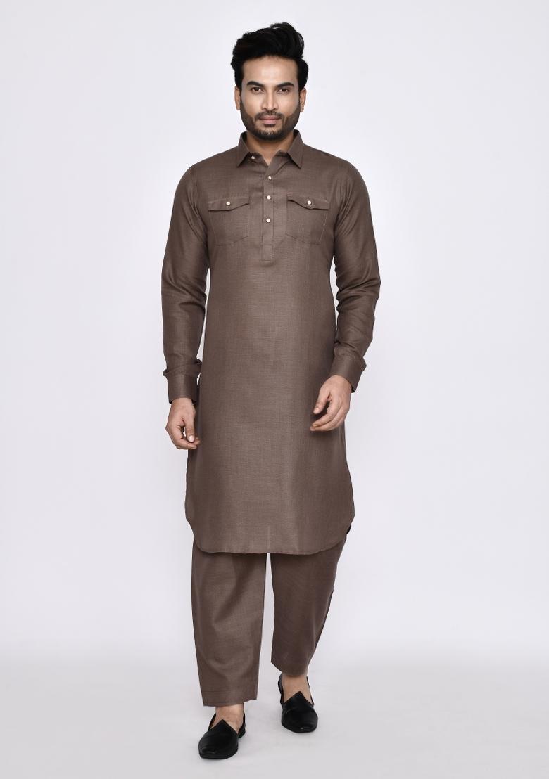 Grey Plain Linen Kurta Set For Men