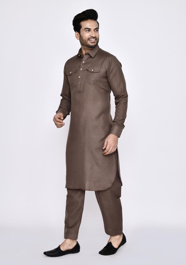 Grey Plain Linen Kurta Set For Men