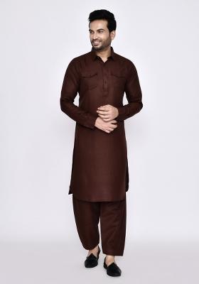 Brown Plain Linen Kurta Set For Men