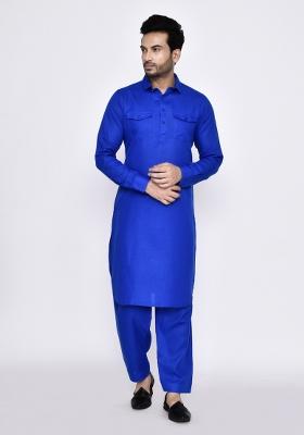 Royal Blue Plain Linen Kurta Set For Men