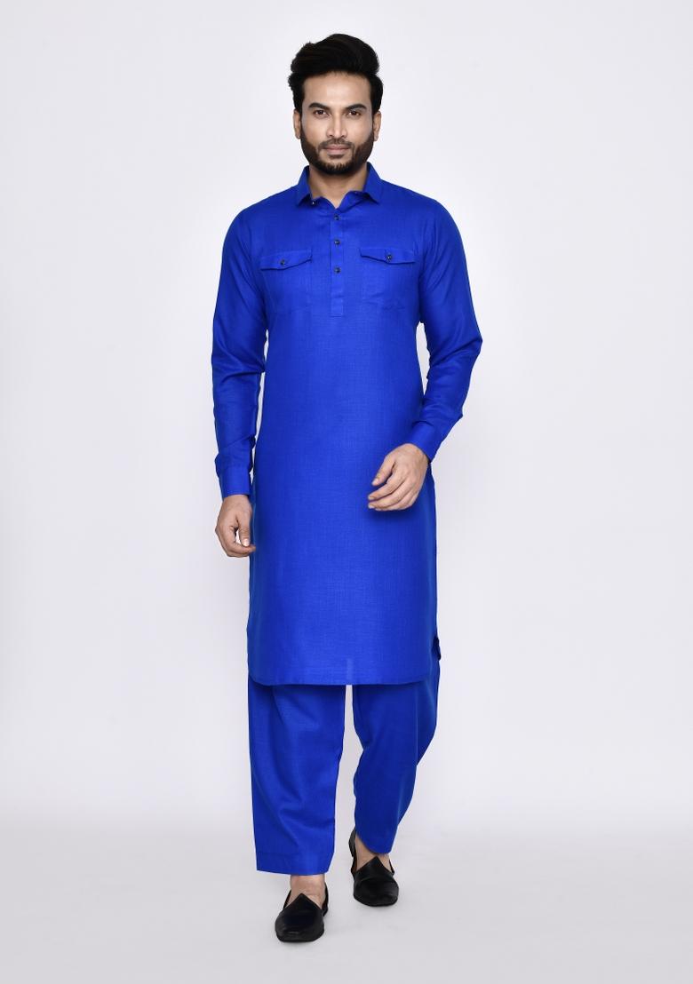 Royal Blue Plain Linen Kurta Set For Men