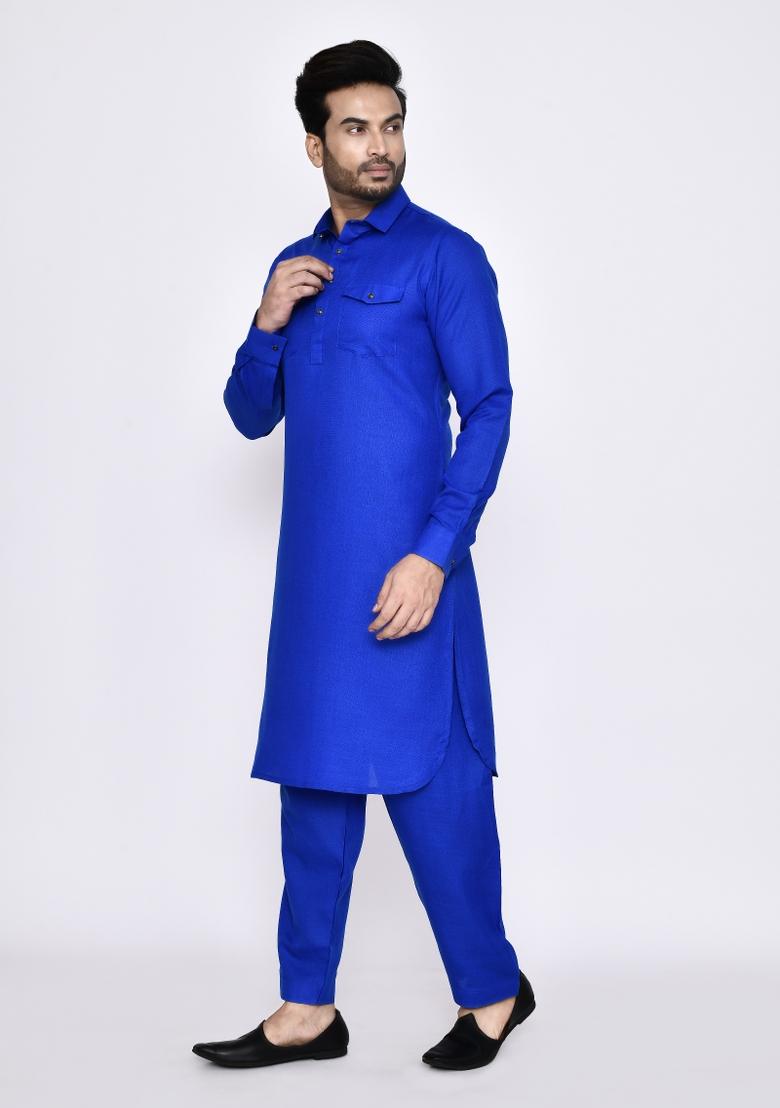 Royal Blue Plain Linen Kurta Set For Men