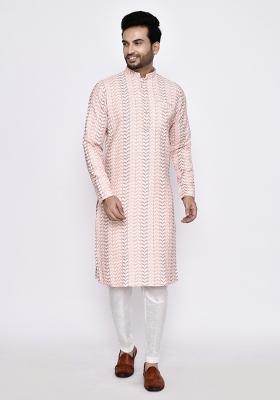 Peach Printed Cotton Kurta Set For Men