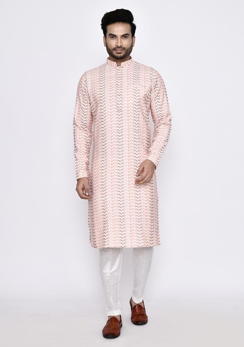 Peach Printed Cotton Kurta Set For Men