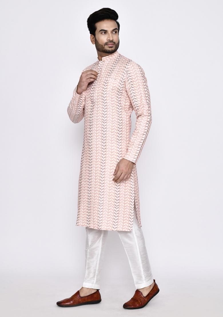 Peach Printed Cotton Kurta Set For Men