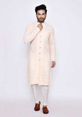 Light Peach Embroidererd Cotton Kurta Set For Men