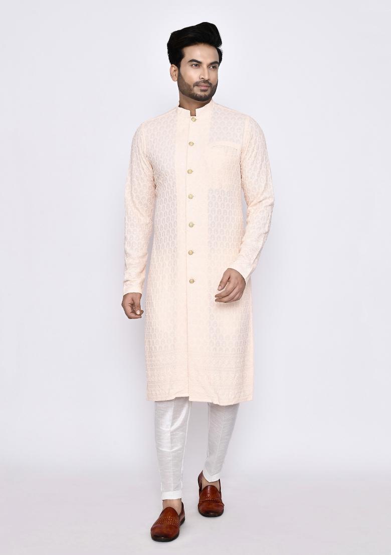 Light Peach Embroidererd Cotton Kurta Set For Men