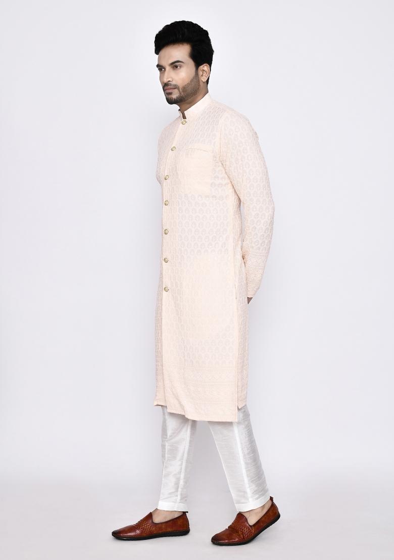 Light Peach Embroidererd Cotton Kurta Set For Men