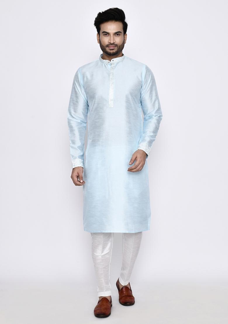 Sky Blue Plain Art Silk Kurta Set For Men
