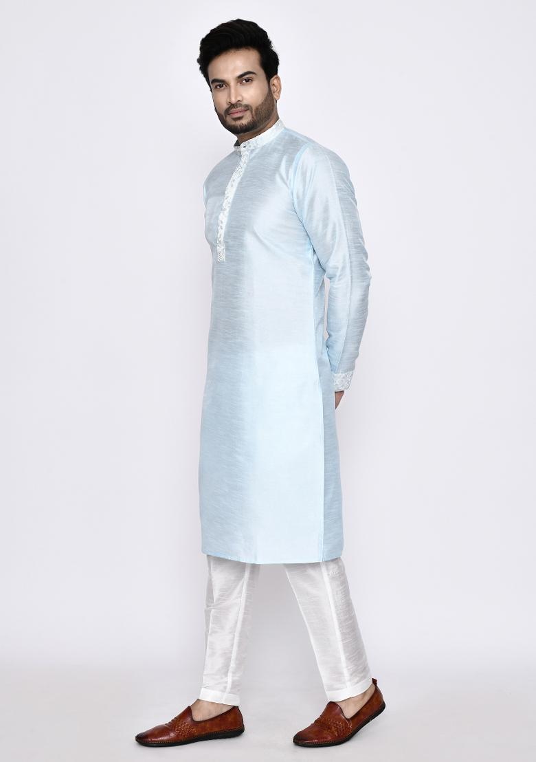 Sky Blue Plain Art Silk Kurta Set For Men